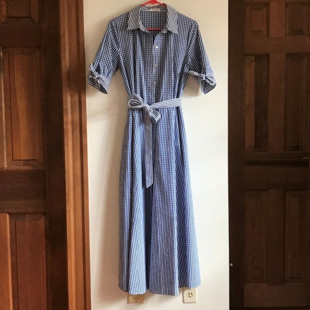 Calvin Klein Blue & White Gingham Belted Midi Shirtdress